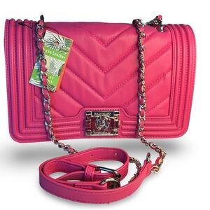 Badgley Mischka Hot Pink Vegan Leather Quilted Crossbody Bag Chain Strap Purse